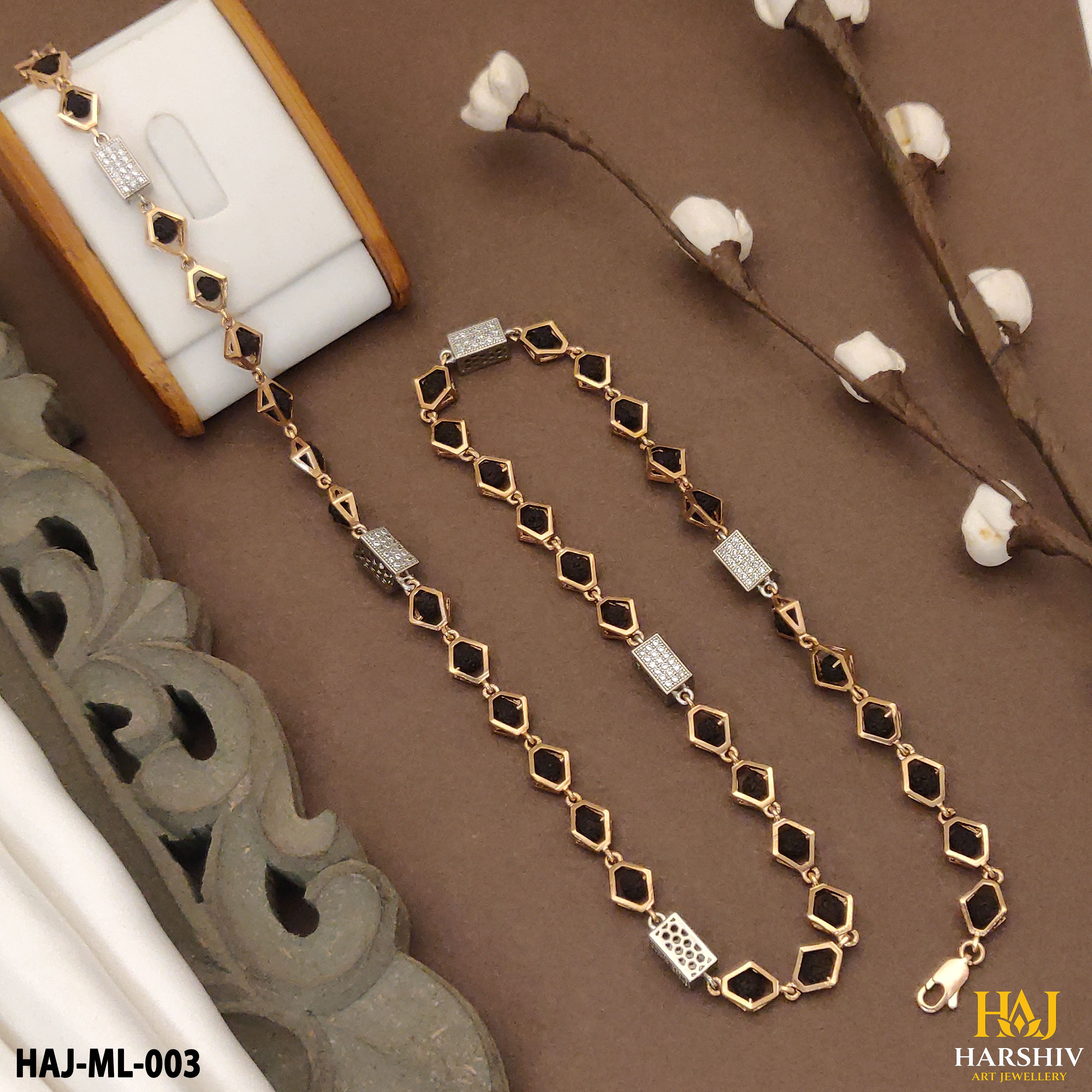 New Tri-Angle Rose Gold Forming Lovely Design Rudraksha Mala For Men.(ML-003)