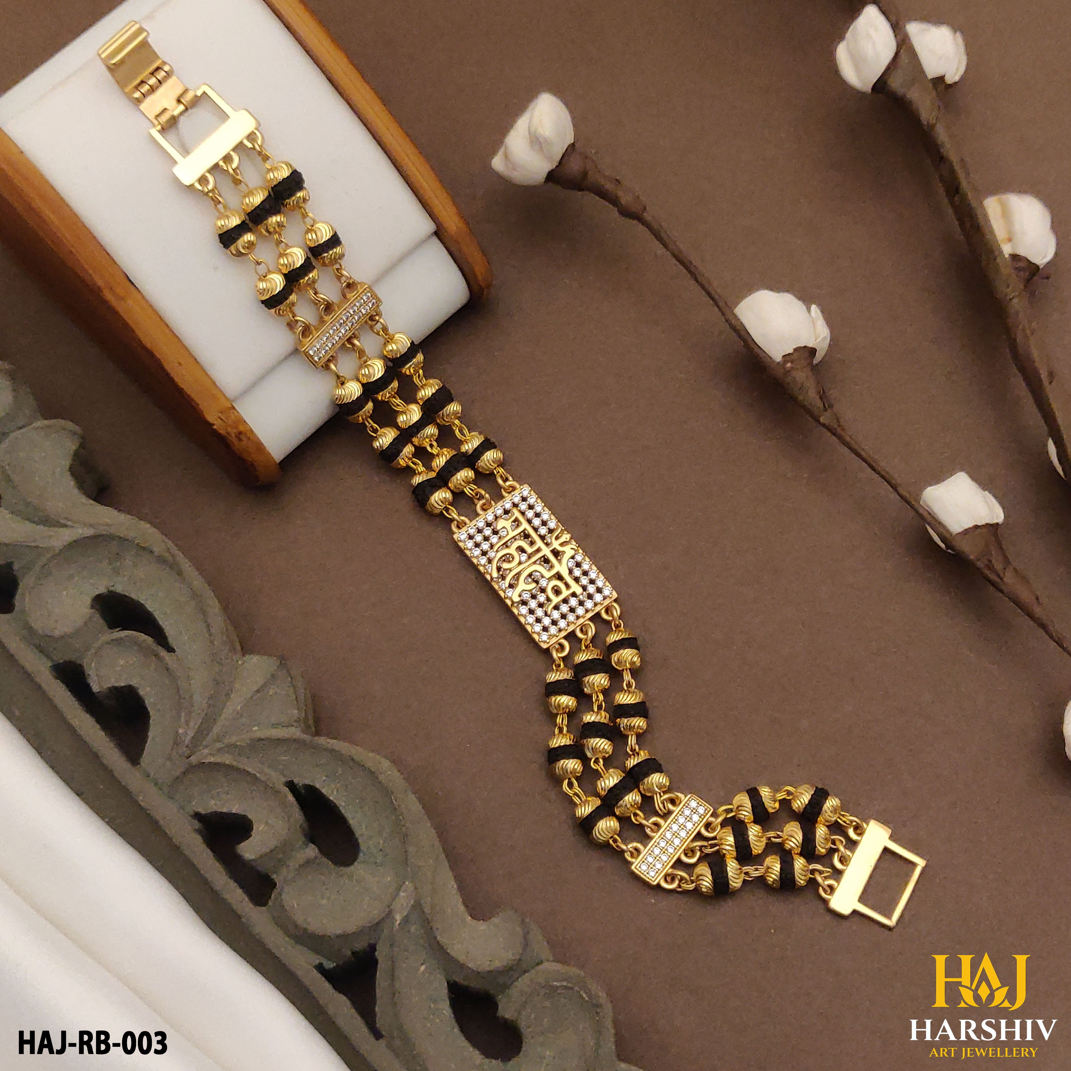 New Gold Plated Mahadev Extra ordinary Design 3 Line Rudraksha Bracelet for Men.(RB-003)