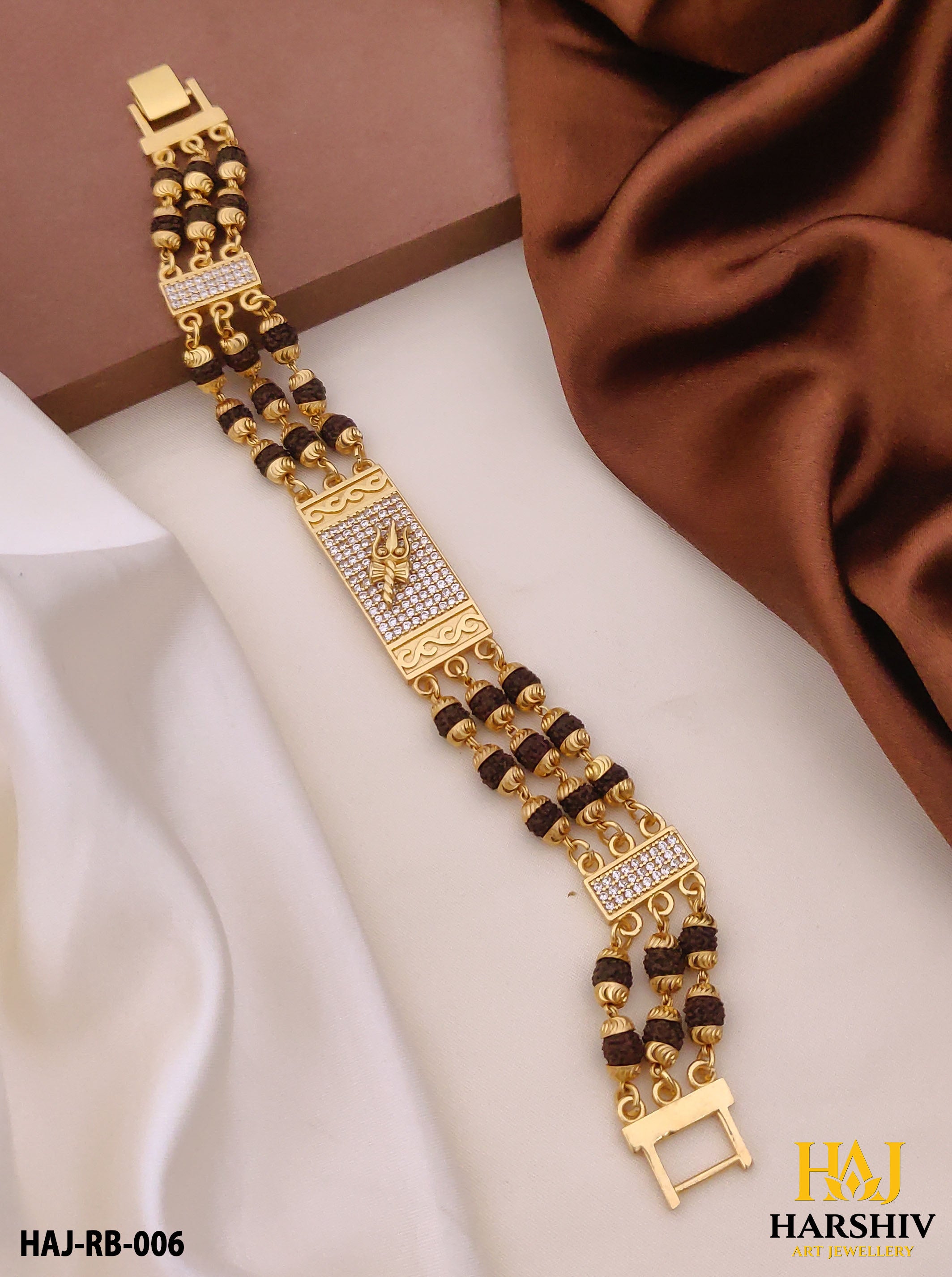 New Gold Plated Trishul Extra ordinary Design 3 Line Rudraksha Bracelet for Men.(RB-006)