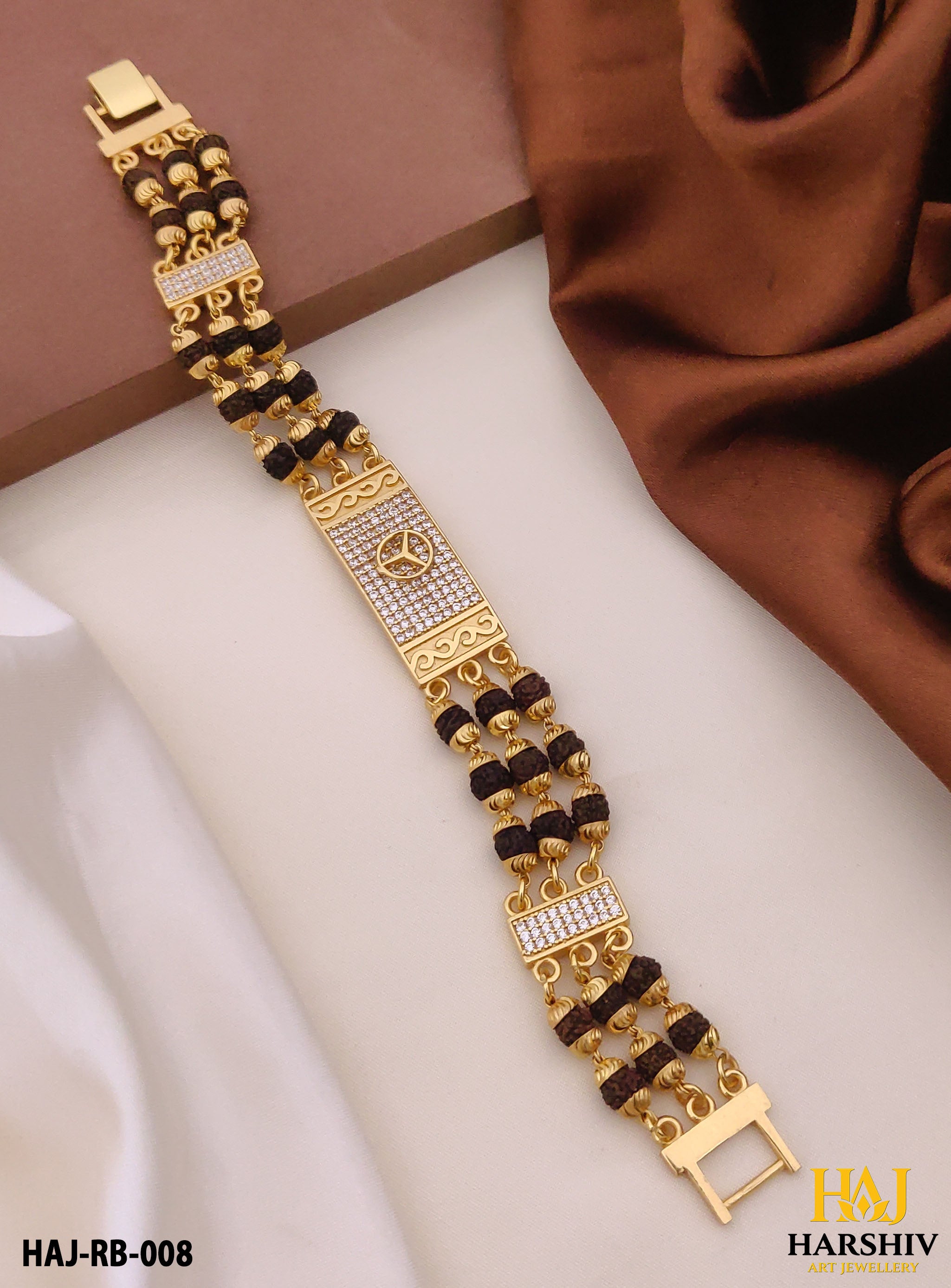 New Gold Plated MERCEDES Extra ordinary Design 3 Line Rudraksha Bracelet for Men.(RB-008)