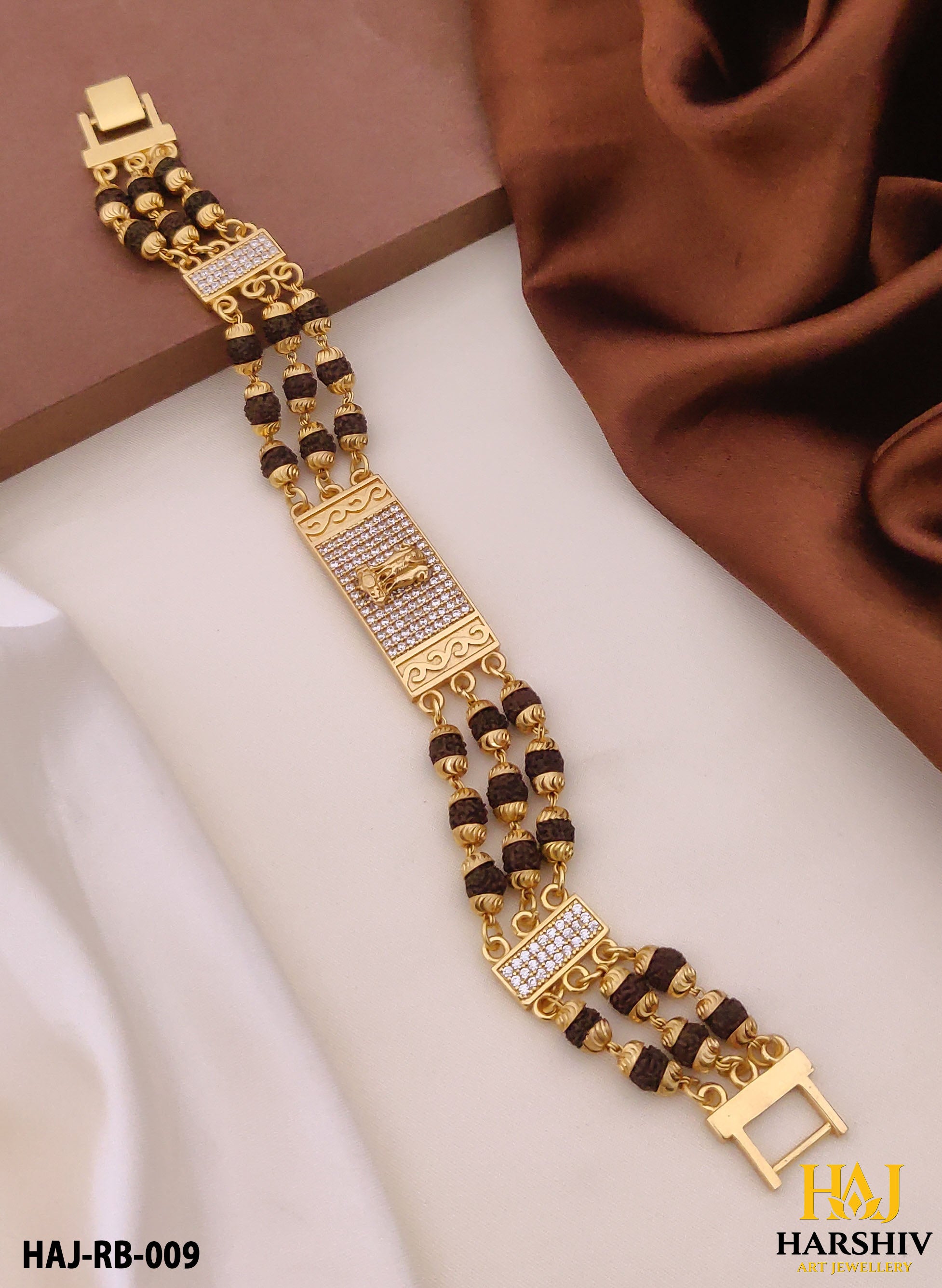 New Gold Plated MUDRA Extra ordinary Design 3 Line Rudraksha Bracelet for Men.(RB-009)