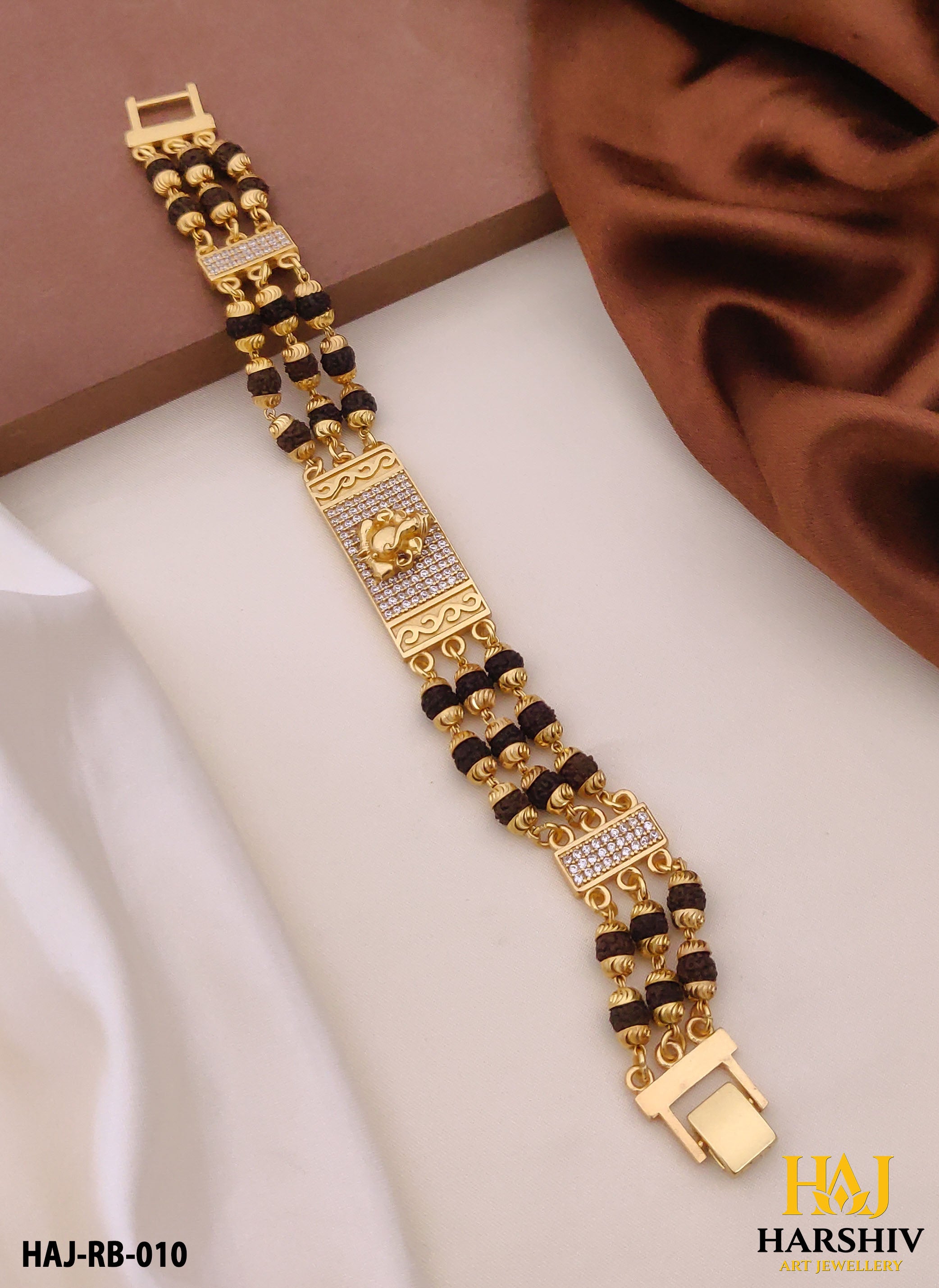 New Gold Plated GANESHA Extra ordinary Design 3 Line Rudraksha Bracelet for Men.(RB-010)